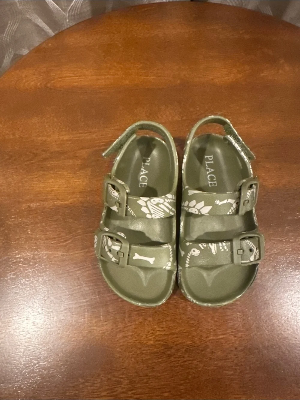 The Children's Place Olive Green Dino Buckle Sandals with White Print